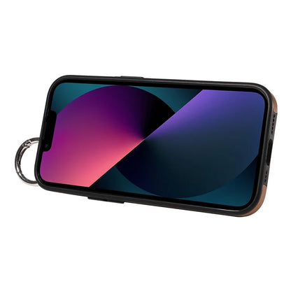 008 For iPhone 13 Case Card Slot Leather Coated TPU Phone Cover with Finger Ring