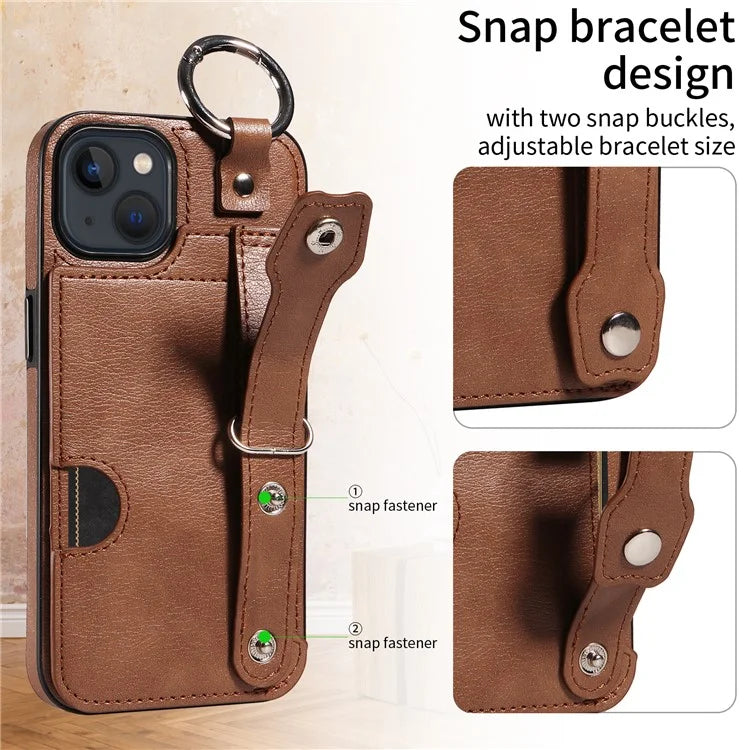 008 For iPhone 13 Case Card Slot Leather Coated TPU Phone Cover with Finger Ring