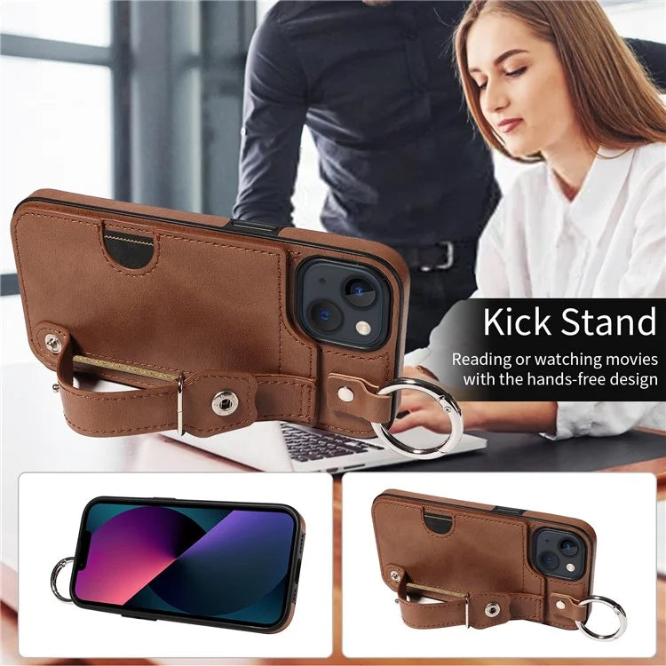 008 For iPhone 13 Case Card Slot Leather Coated TPU Phone Cover with Finger Ring