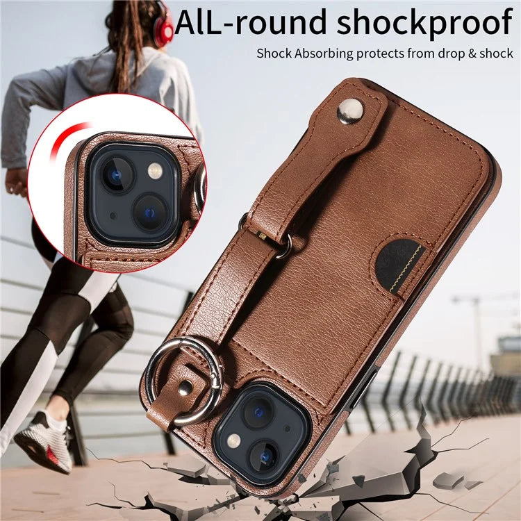 008 For iPhone 13 Case Card Slot Leather Coated TPU Phone Cover with Finger Ring