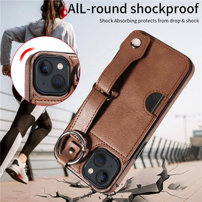 008 For iPhone 13 Case Card Slot Leather Coated TPU Phone Cover with Finger Ring