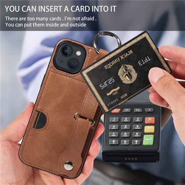 008 For iPhone 13 Case Card Slot Leather Coated TPU Phone Cover with Finger Ring