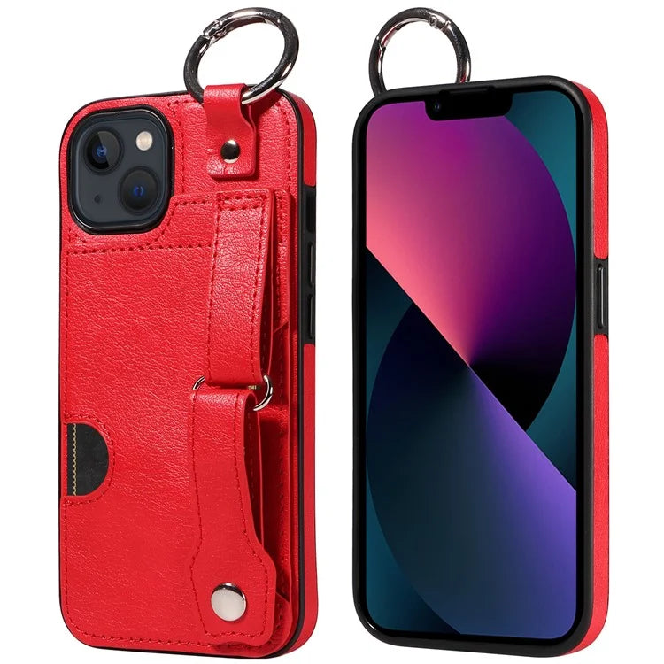 008 For iPhone 13 Case Card Slot Leather Coated TPU Phone Cover with Finger Ring