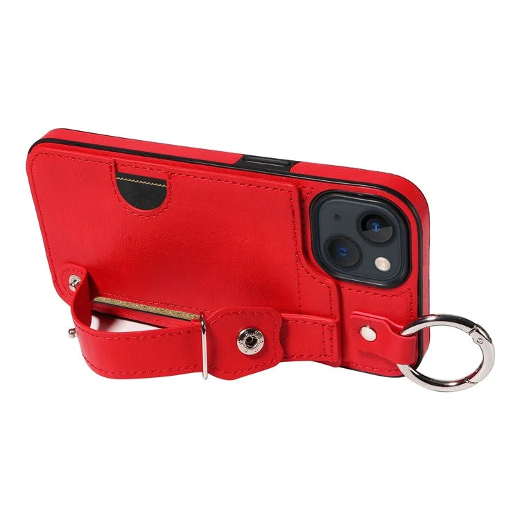 008 For iPhone 13 Case Card Slot Leather Coated TPU Phone Cover with Finger Ring