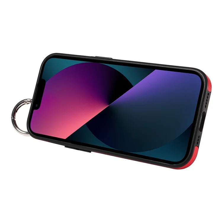 008 For iPhone 13 Case Card Slot Leather Coated TPU Phone Cover with Finger Ring