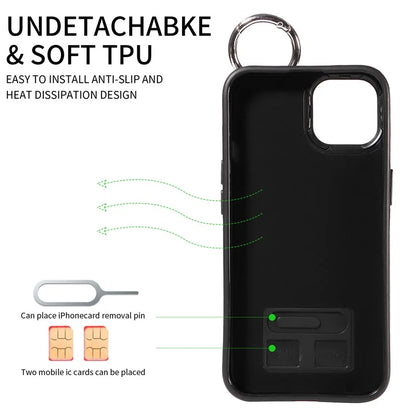 008 For iPhone 13 Case Card Slot Leather Coated TPU Phone Cover with Finger Ring