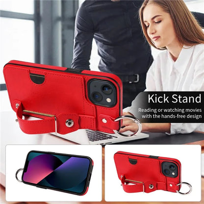 008 For iPhone 13 Case Card Slot Leather Coated TPU Phone Cover with Finger Ring