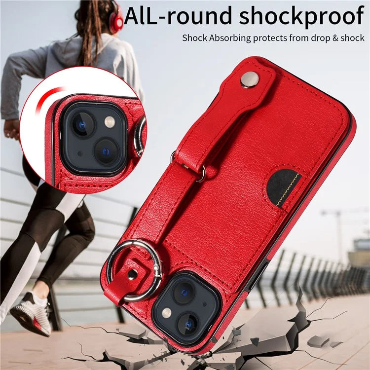 008 For iPhone 13 Case Card Slot Leather Coated TPU Phone Cover with Finger Ring