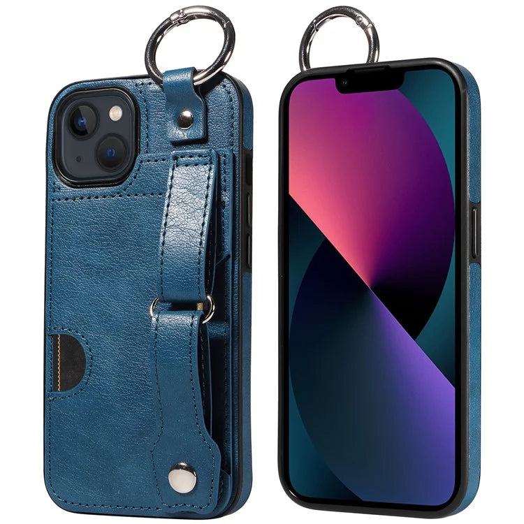 008 For iPhone 13 Case Card Slot Leather Coated TPU Phone Cover with Finger Ring