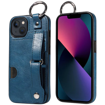 008 For iPhone 13 Case Card Slot Leather Coated TPU Phone Cover with Finger Ring