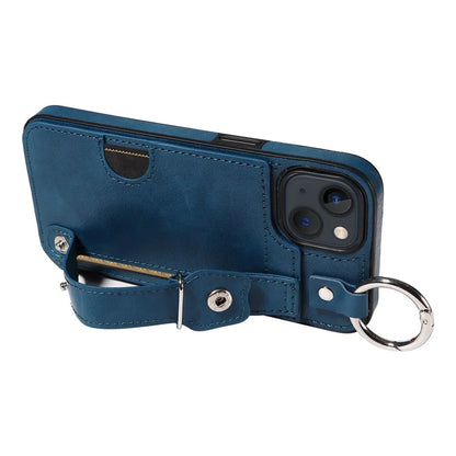 008 For iPhone 13 Case Card Slot Leather Coated TPU Phone Cover with Finger Ring