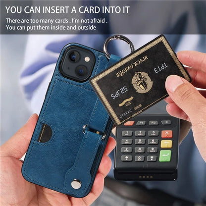 008 For iPhone 13 Case Card Slot Leather Coated TPU Phone Cover with Finger Ring