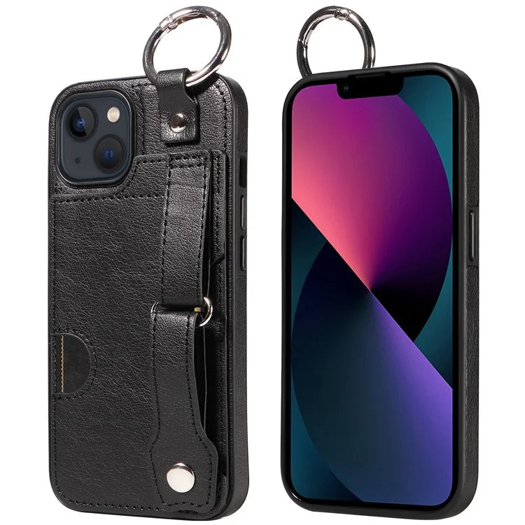 008 For iPhone 13 Case Card Slot Leather Coated TPU Phone Cover with Finger Ring