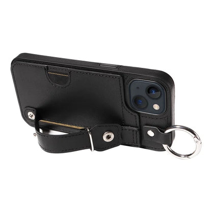 008 For iPhone 13 Case Card Slot Leather Coated TPU Phone Cover with Finger Ring