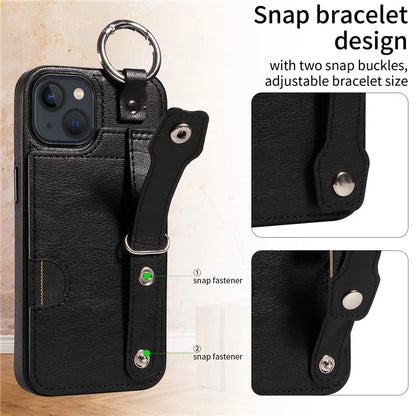 008 For iPhone 13 Case Card Slot Leather Coated TPU Phone Cover with Finger Ring
