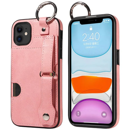 008 For iPhone 11 Case Leather Coated TPU Phone Cover with Wristband Kickstand