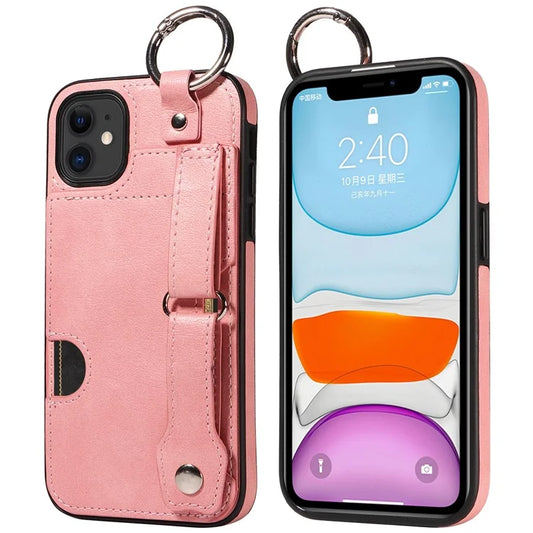 008 For iPhone 11 Case Leather Coated TPU Phone Cover with Wristband Kickstand