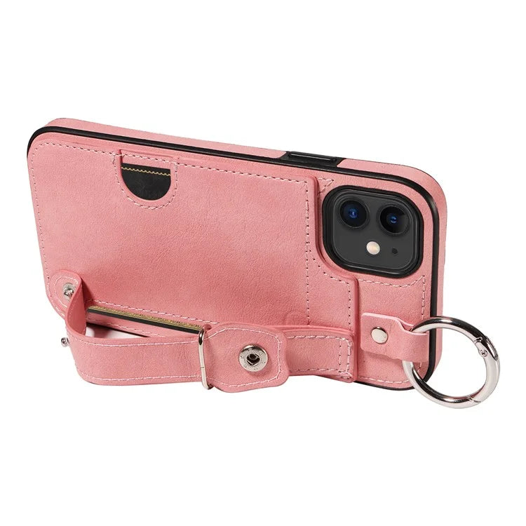008 For iPhone 11 Case Leather Coated TPU Phone Cover with Wristband Kickstand