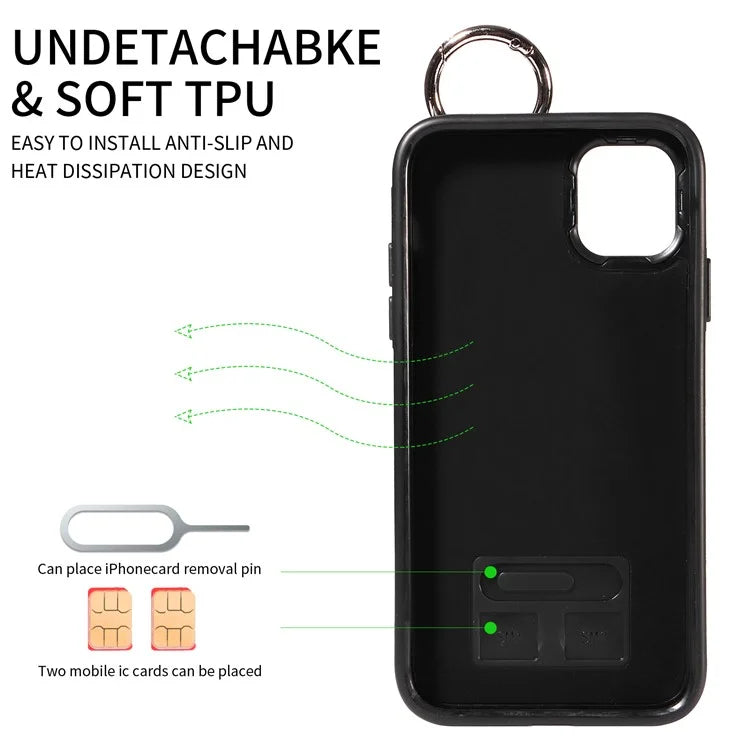 008 For iPhone 11 Case Leather Coated TPU Phone Cover with Wristband Kickstand