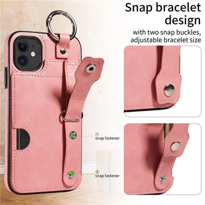 008 For iPhone 11 Case Leather Coated TPU Phone Cover with Wristband Kickstand