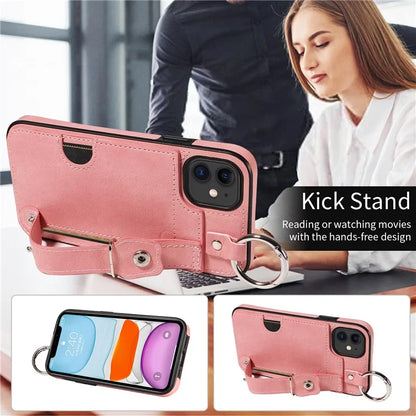 008 For iPhone 11 Case Leather Coated TPU Phone Cover with Wristband Kickstand