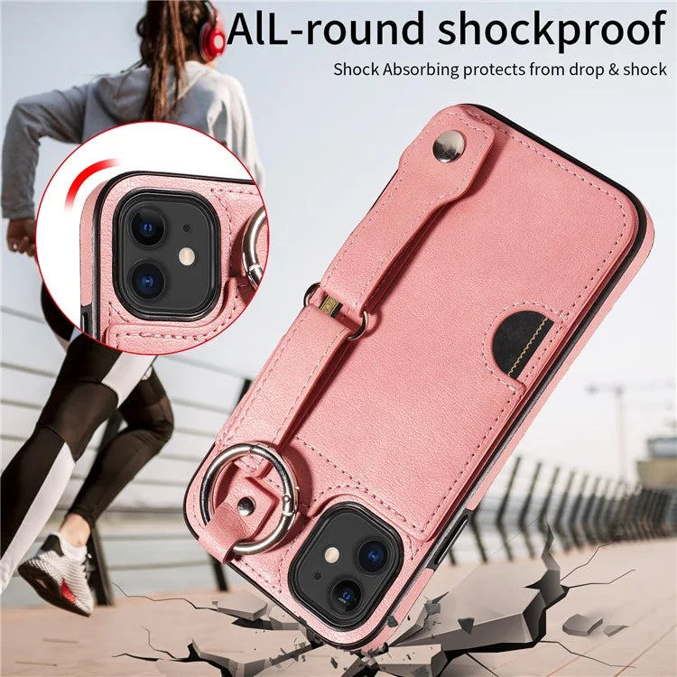 008 For iPhone 11 Case Leather Coated TPU Phone Cover with Wristband Kickstand