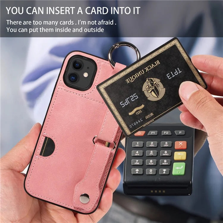 008 For iPhone 11 Case Leather Coated TPU Phone Cover with Wristband Kickstand