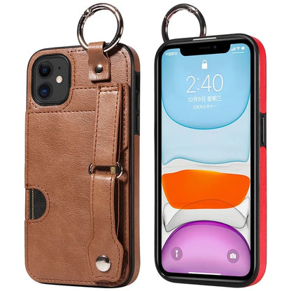 008 For iPhone 11 Case Leather Coated TPU Phone Cover with Wristband Kickstand