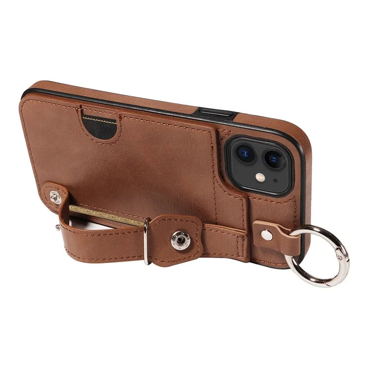 008 For iPhone 11 Case Leather Coated TPU Phone Cover with Wristband Kickstand