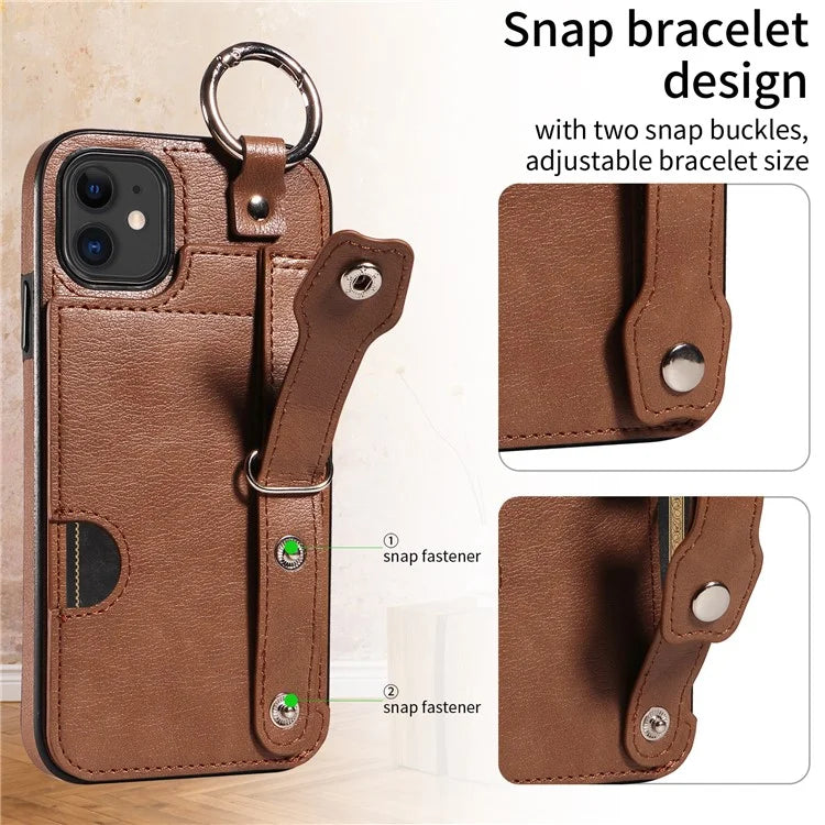 008 For iPhone 11 Case Leather Coated TPU Phone Cover with Wristband Kickstand