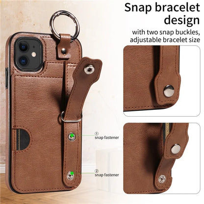 008 For iPhone 11 Case Leather Coated TPU Phone Cover with Wristband Kickstand