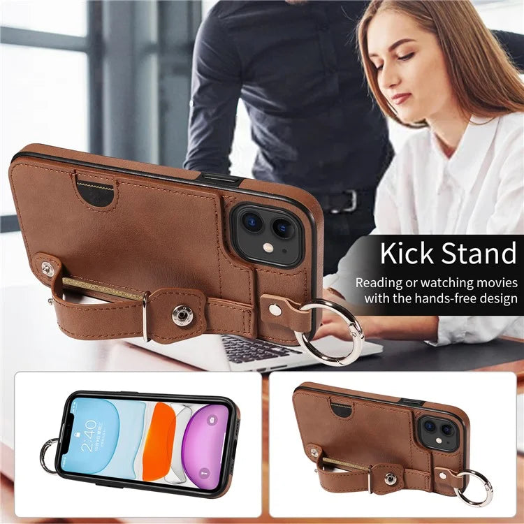 008 For iPhone 11 Case Leather Coated TPU Phone Cover with Wristband Kickstand