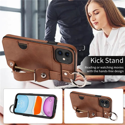008 For iPhone 11 Case Leather Coated TPU Phone Cover with Wristband Kickstand
