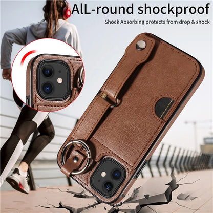 008 For iPhone 11 Case Leather Coated TPU Phone Cover with Wristband Kickstand