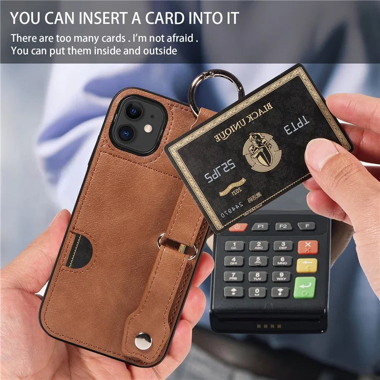 008 For iPhone 11 Case Leather Coated TPU Phone Cover with Wristband Kickstand