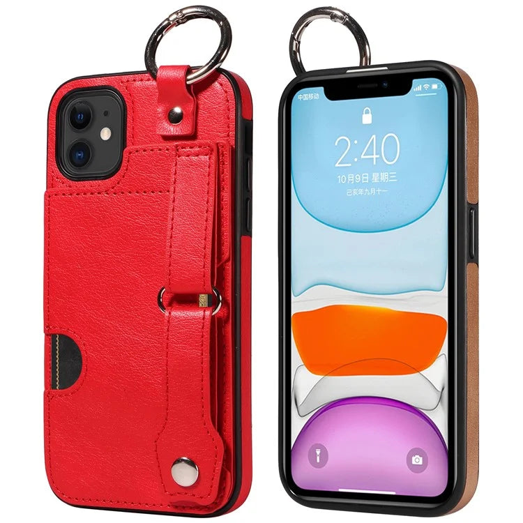 008 For iPhone 11 Case Leather Coated TPU Phone Cover with Wristband Kickstand