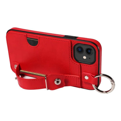 008 For iPhone 11 Case Leather Coated TPU Phone Cover with Wristband Kickstand
