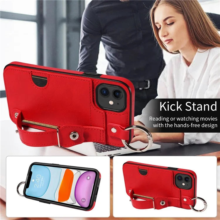 008 For iPhone 11 Case Leather Coated TPU Phone Cover with Wristband Kickstand
