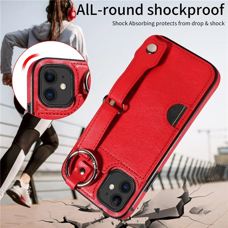 008 For iPhone 11 Case Leather Coated TPU Phone Cover with Wristband Kickstand