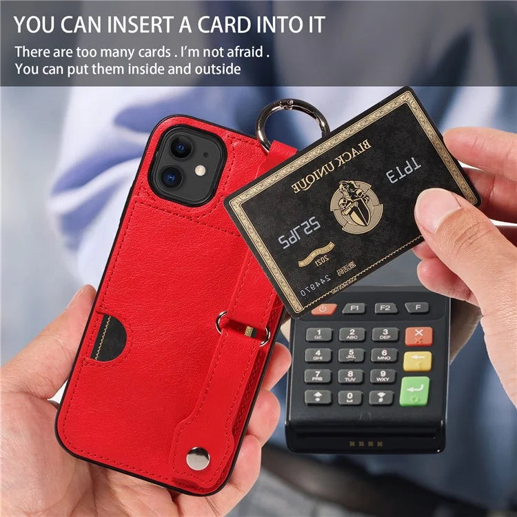 008 For iPhone 11 Case Leather Coated TPU Phone Cover with Wristband Kickstand