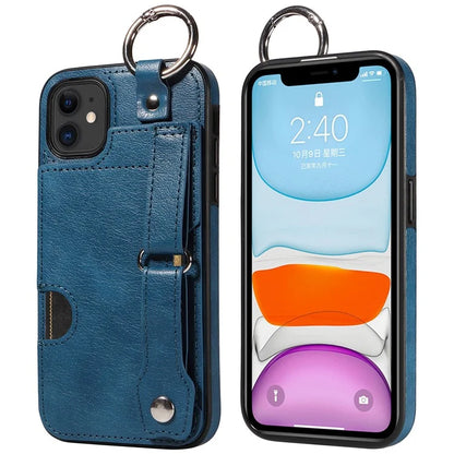 008 For iPhone 11 Case Leather Coated TPU Phone Cover with Wristband Kickstand