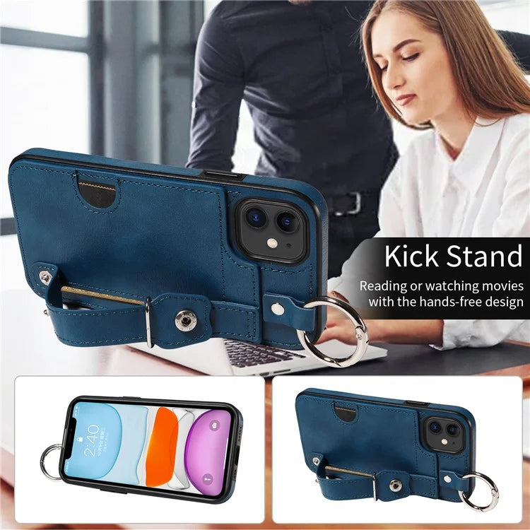 008 For iPhone 11 Case Leather Coated TPU Phone Cover with Wristband Kickstand