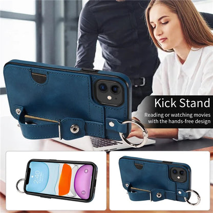 008 For iPhone 11 Case Leather Coated TPU Phone Cover with Wristband Kickstand