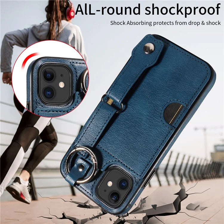 008 For iPhone 11 Case Leather Coated TPU Phone Cover with Wristband Kickstand