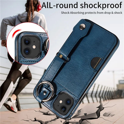 008 For iPhone 11 Case Leather Coated TPU Phone Cover with Wristband Kickstand