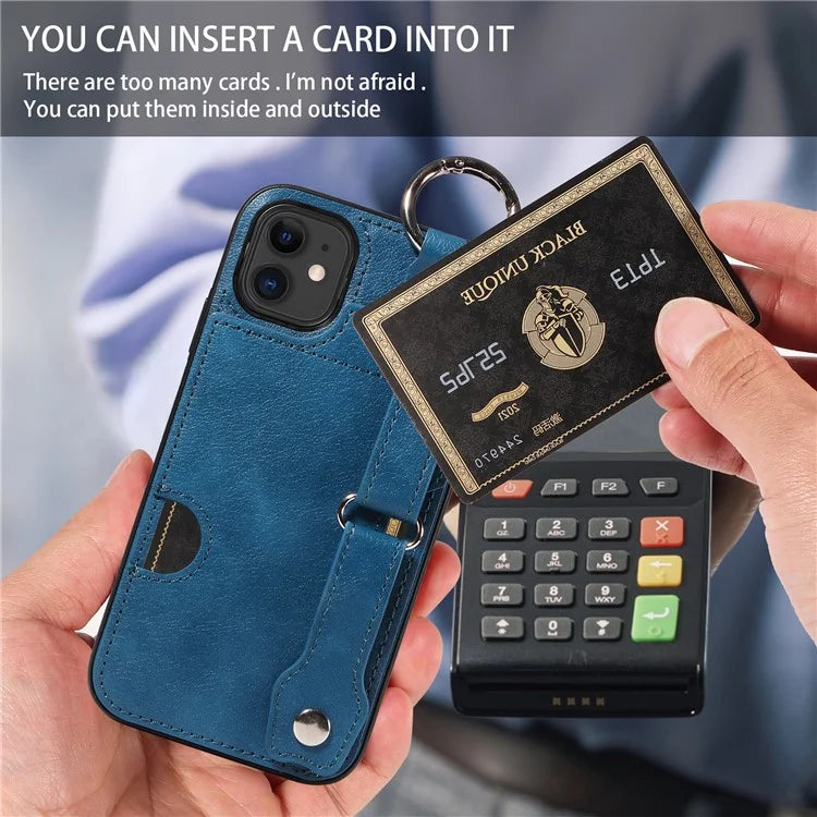 008 For iPhone 11 Case Leather Coated TPU Phone Cover with Wristband Kickstand