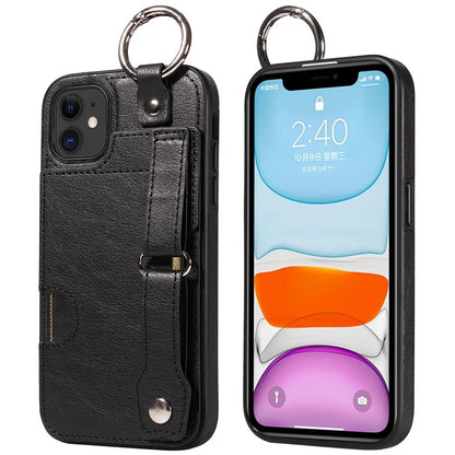 008 For iPhone 11 Case Leather Coated TPU Phone Cover with Wristband Kickstand