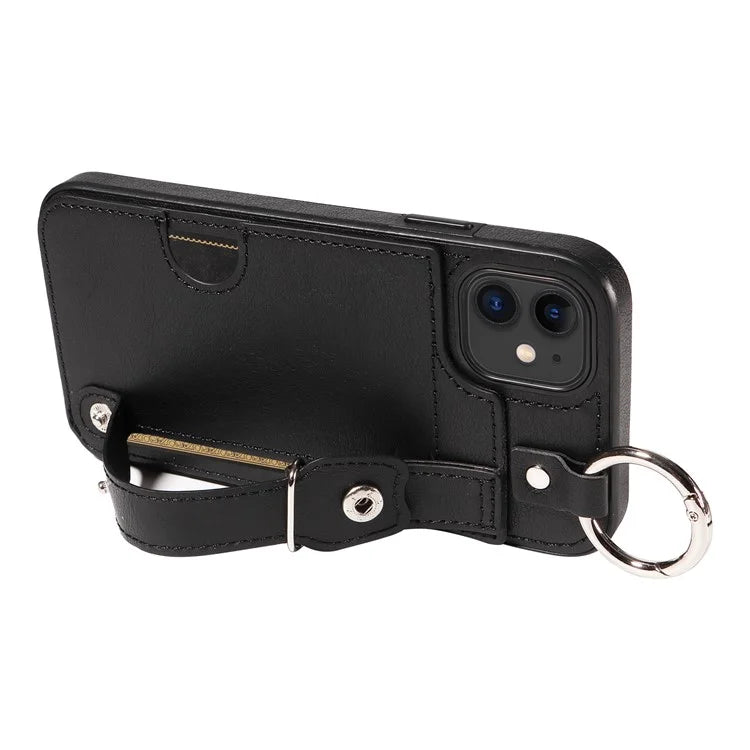 008 For iPhone 11 Case Leather Coated TPU Phone Cover with Wristband Kickstand