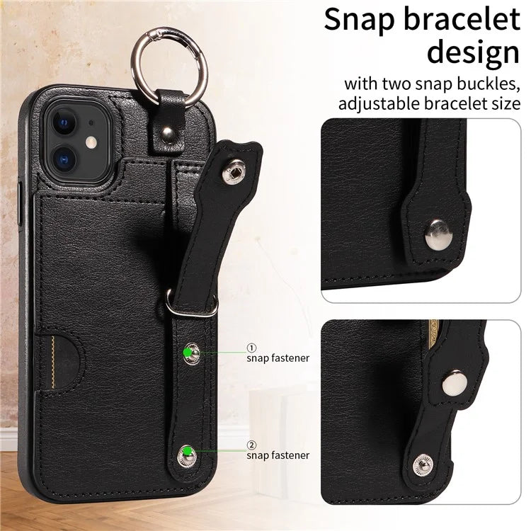 008 For iPhone 11 Case Leather Coated TPU Phone Cover with Wristband Kickstand