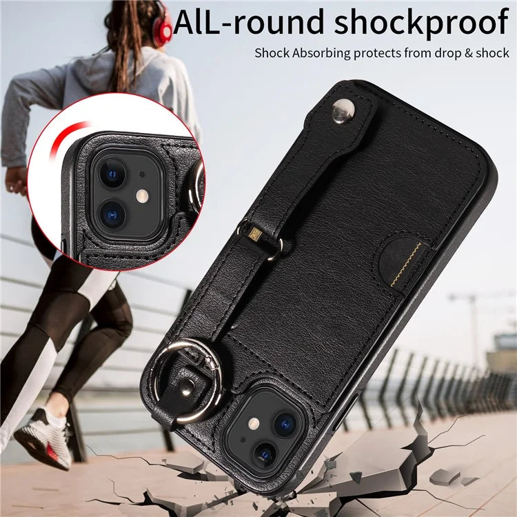 008 For iPhone 11 Case Leather Coated TPU Phone Cover with Wristband Kickstand